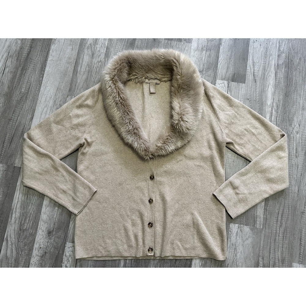Banana Republic Cardigan Wmn Sz XL Beige Cashmere Blend Faux‎ Fur Collar *FLAW*